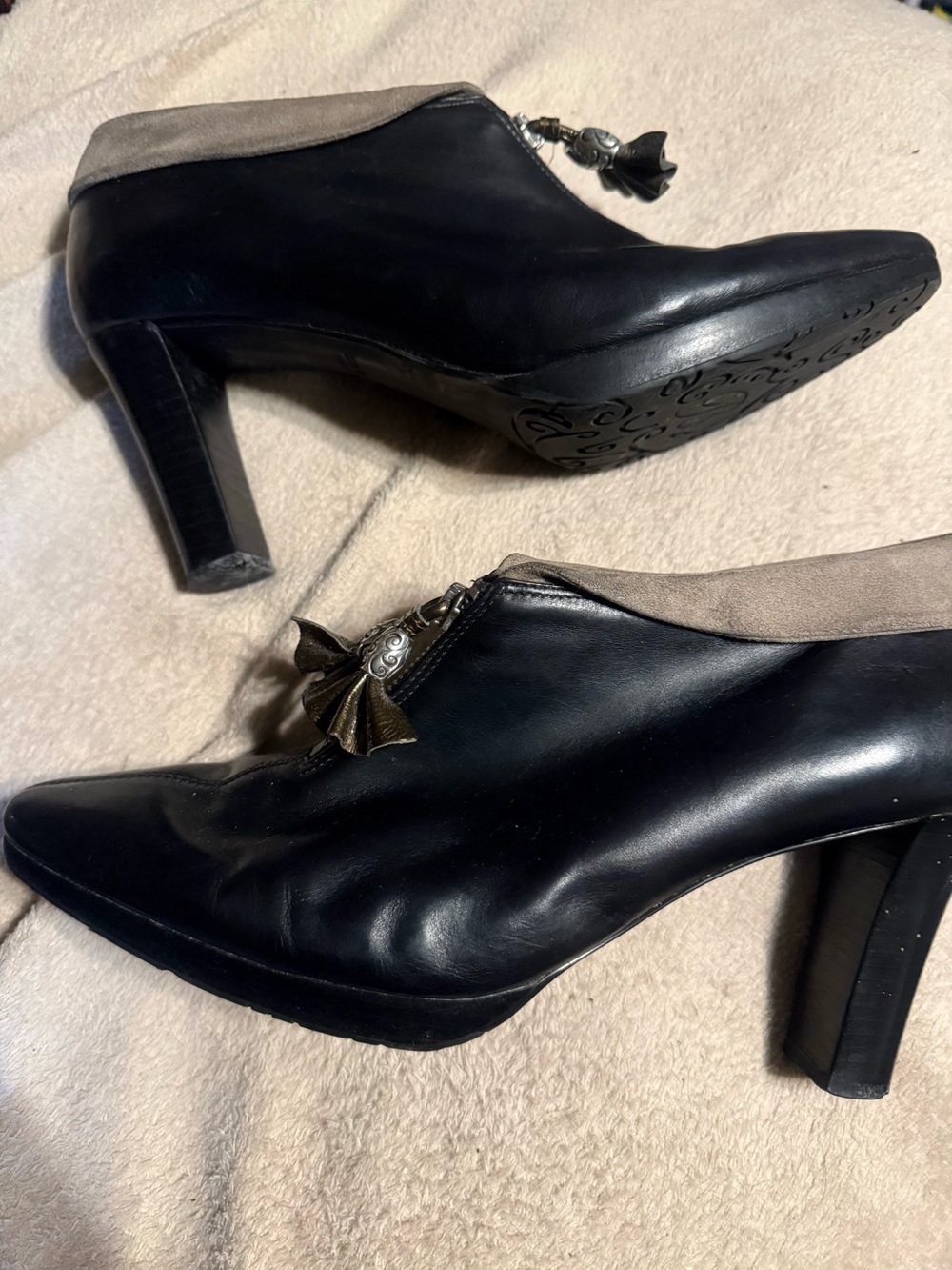 Brighton Stacey Black Leather and Taupe Trim Heeled Ankle Boots with Tassel
